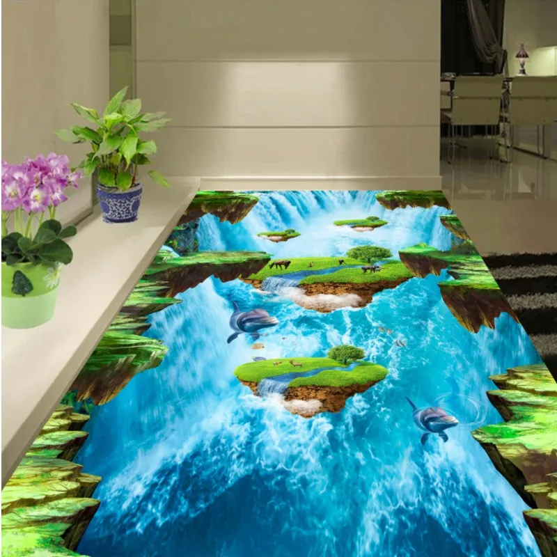 Большой пользовательский пол 3D фрески газон водопад океан остров горизонтальные