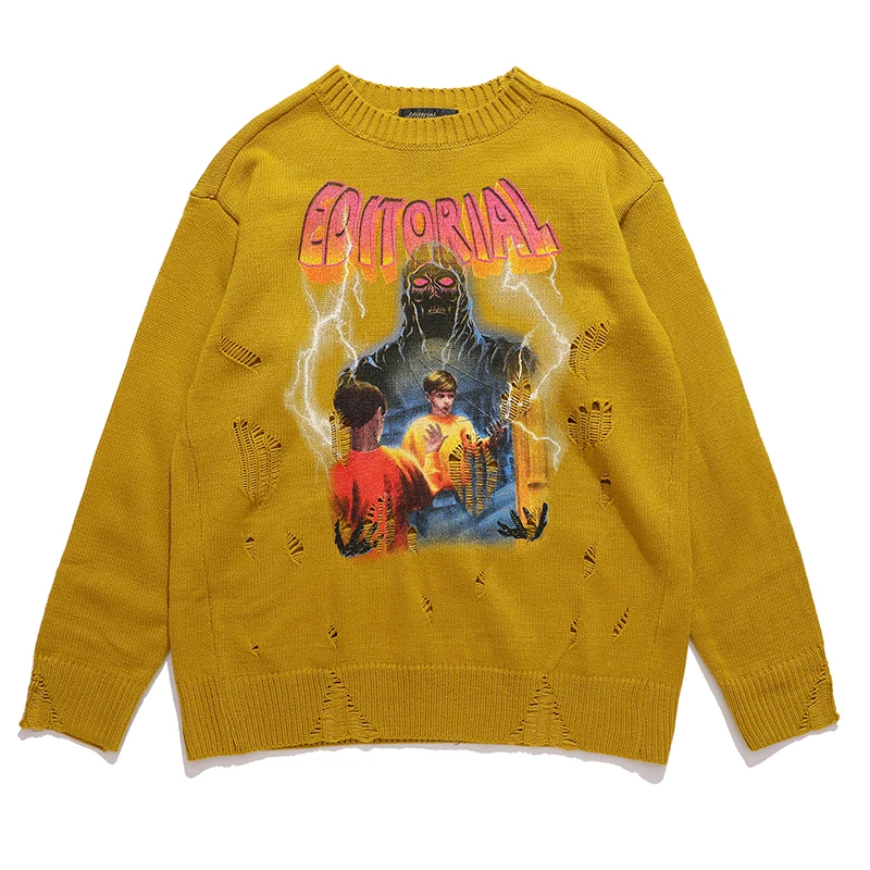 

Harajuku Graffiti Hole Crew Neck Mens Casual Sweaters Retro Japanese Pullover Oversize Couple Sweater Streetwear Loose Knit Tops