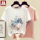 Женская футболка с цветами с вышивкой и бисером, топ с круглым вырезом и коротким рукавом для девушек, Цветочная футболка, лето 2021