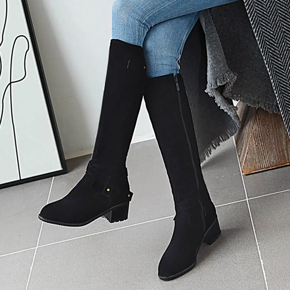 

DORATASIA Big Size 34-43 Female Zipper Knee High Boots Concise Elegant Daily Boots Women Flock Chunky High Heels Shoes Woman