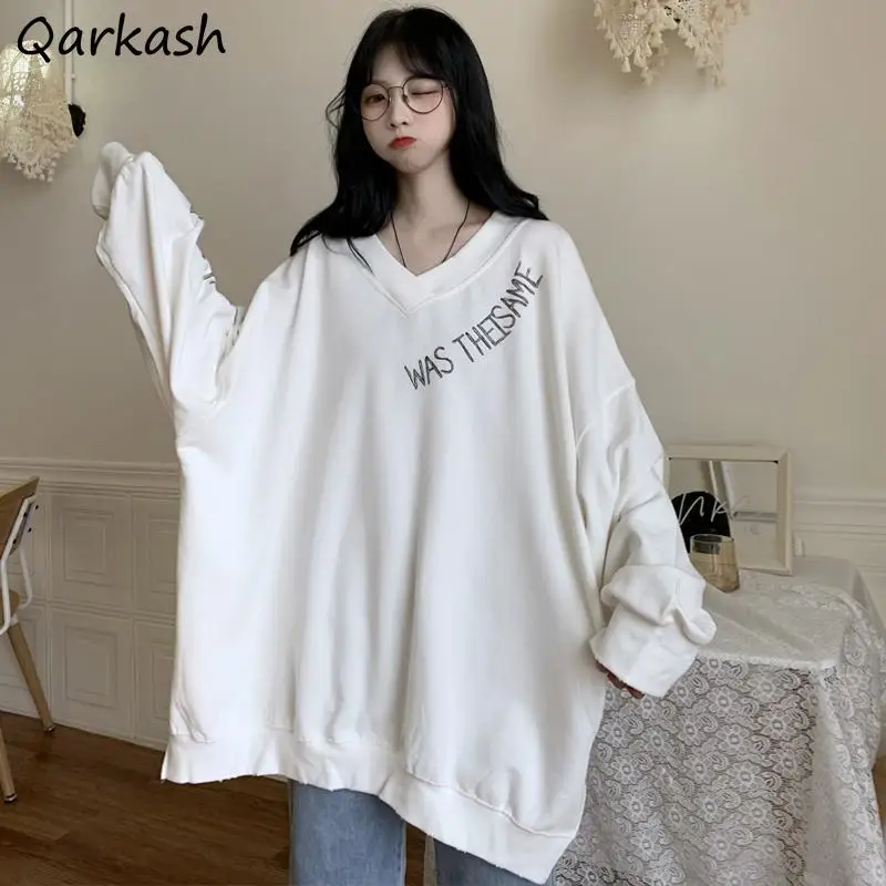 

Hoodies Women No Hat Print Loose Student Casual Korean Style Simple Fashion All-match Ladies Sweatshirts V-Neck Long Sleeve Chic