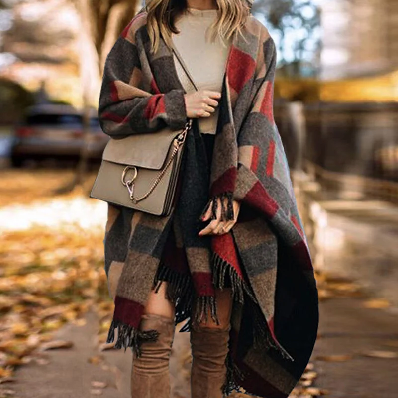 

Elegant Batwing Fluffy Sleeve Overcoat Autumn Winter Women Poncho Knitting Capes Warm Irregular Overcoat Ladies Ponchos Scarf