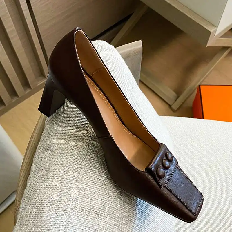 

Krazing pot genuine leather square toe high heels European style mature young lady daily wear slip on shallow women pumps L50