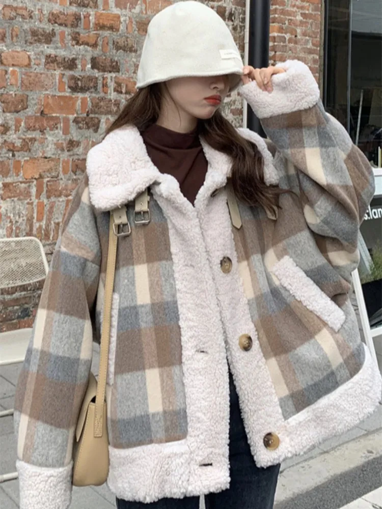 Winter Women Coat Lamb Wool Short Down Cotton Padded Jacket Women's Korean Loose Winter Plaid Jacket 2021 NEW