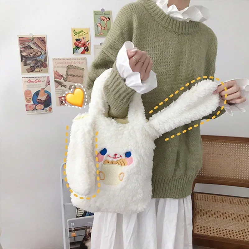 

Милые Мультяшные плюшевые сумки на плечо, зимняя модная женская сумка с длинными ушками, элегантная дамская сумочка с ручками, тренд для жен...