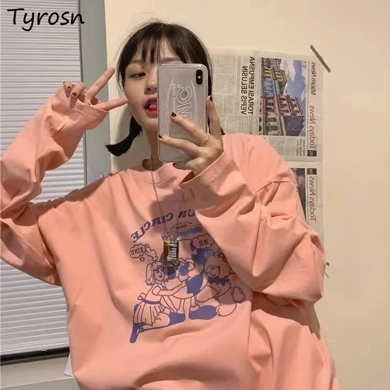 

Women Long Sleeve T-shirts Cartoon Printed Loose Harajuku Students All-match Fashion Kawaii Leisure Spring Autumn Cotton Ulzzang