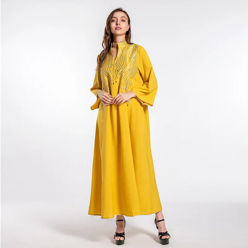 

Женское этническое арабское платье, имитация льна, Дубайский халат Jelleba, свободная вышивка блестками, мусульманская одежда, вечерняя одежда...