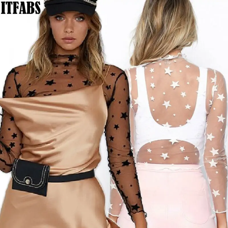 Женские кружевные рубашки с принтом звезд женские ажурные Короткие топы в сетку