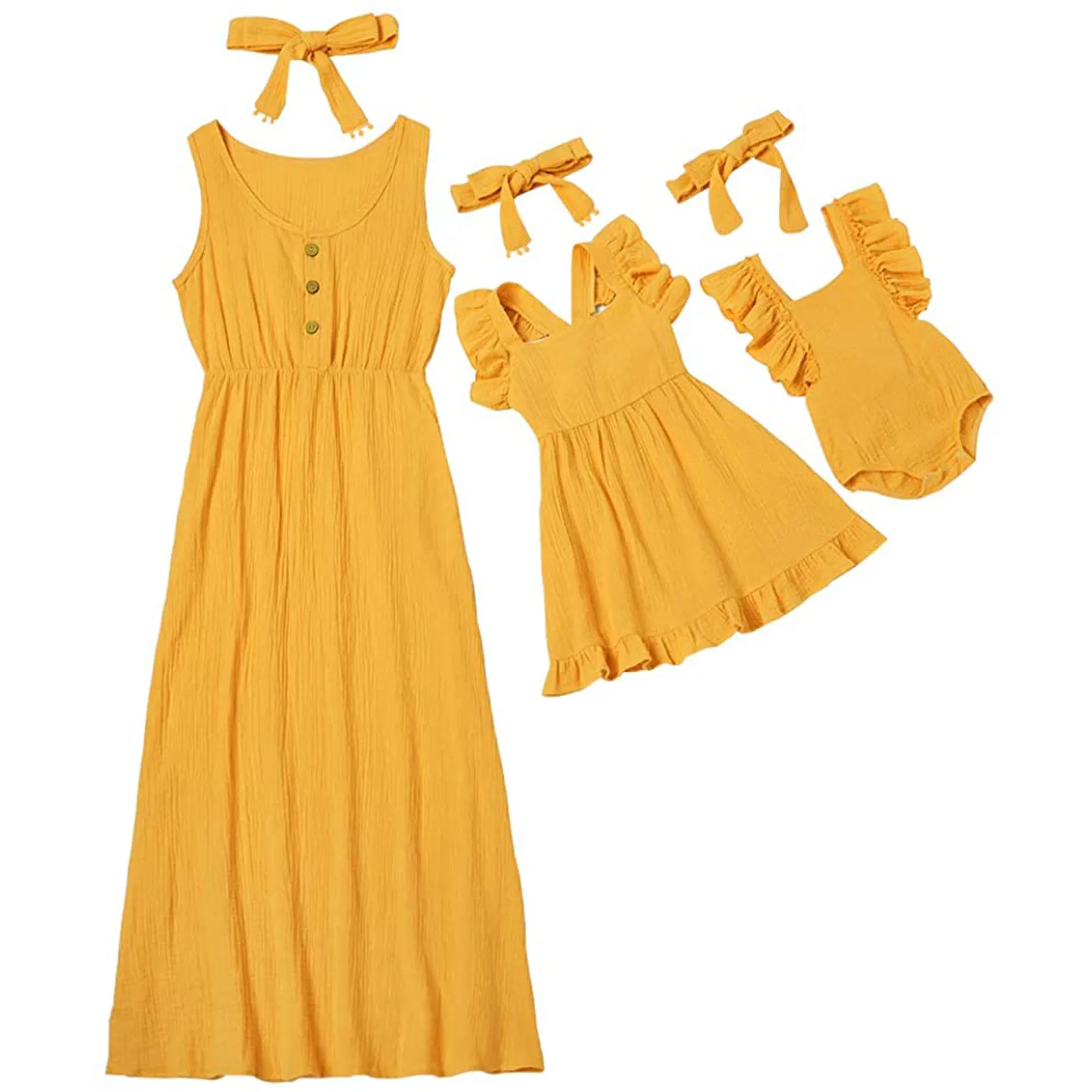 

robe t Summer Mommy And Me Sleeveless Romper Maxi Dresses+Headband Family Matching Set