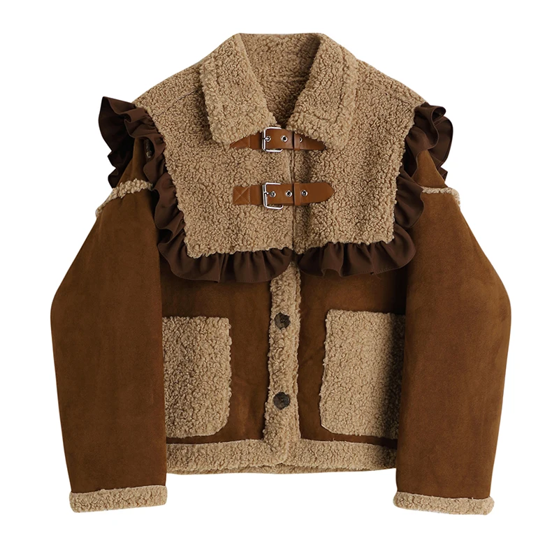

2022 Vintage Suede Fur Jackets With Shawl Single Breasted Lamb Wool Jacket Winter Female Casual Loose Sweet Fashion Warm Coats