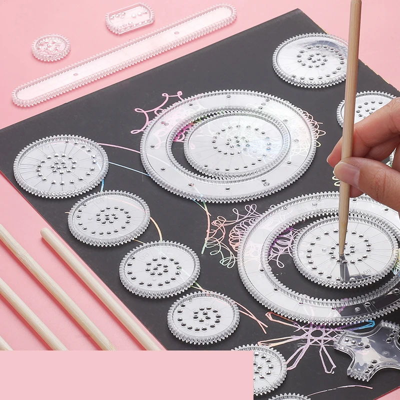 

Zanken puzzle and Fun Wanhua Ruler Magic Set Flowery Curve Variety Children's Drawing Ruler Gear Circle Hollow Pattern