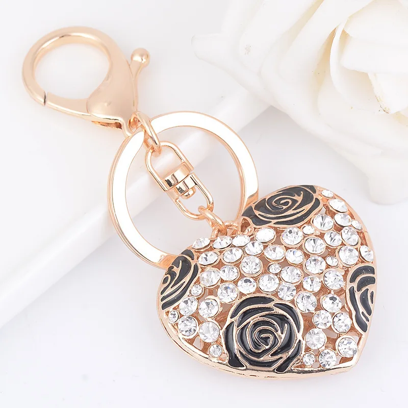 Korean Style Crystal Heart Shaped Rose Flower Keychain Car Key Holder Bag Pendant For Women Girlfriend Gift Keyring Trinket