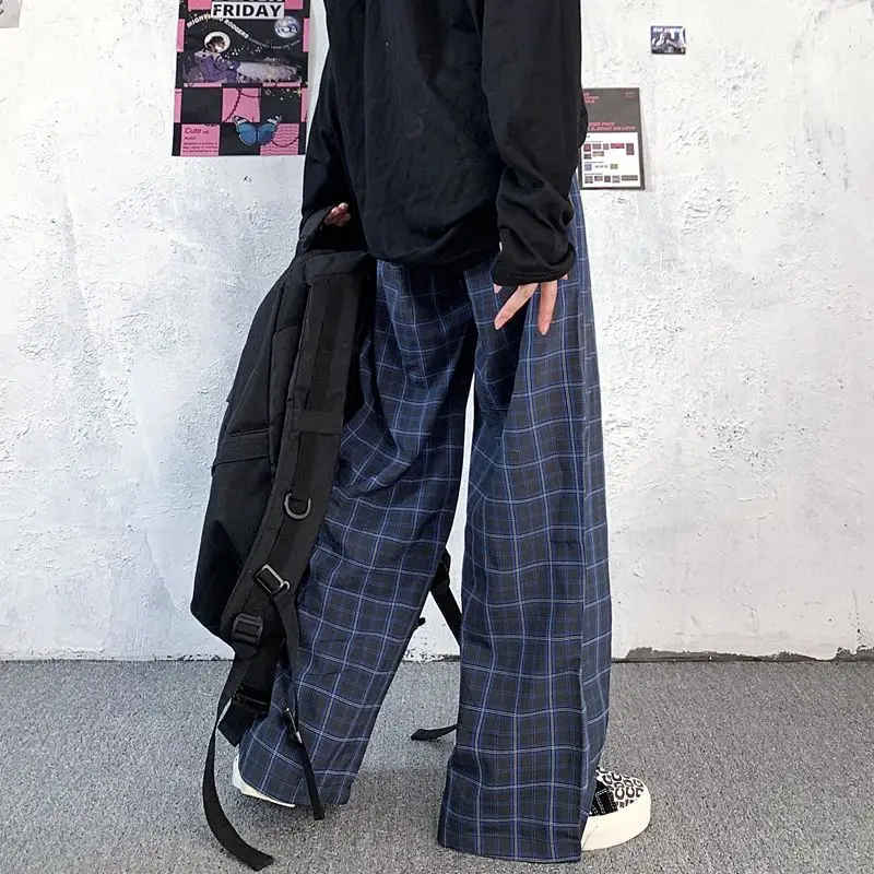 

Women Grid Pants Women High Waist Casual Checked Trousers Women Straight Plaid Pants Loose Wide Leg Pants Fashion Jokers