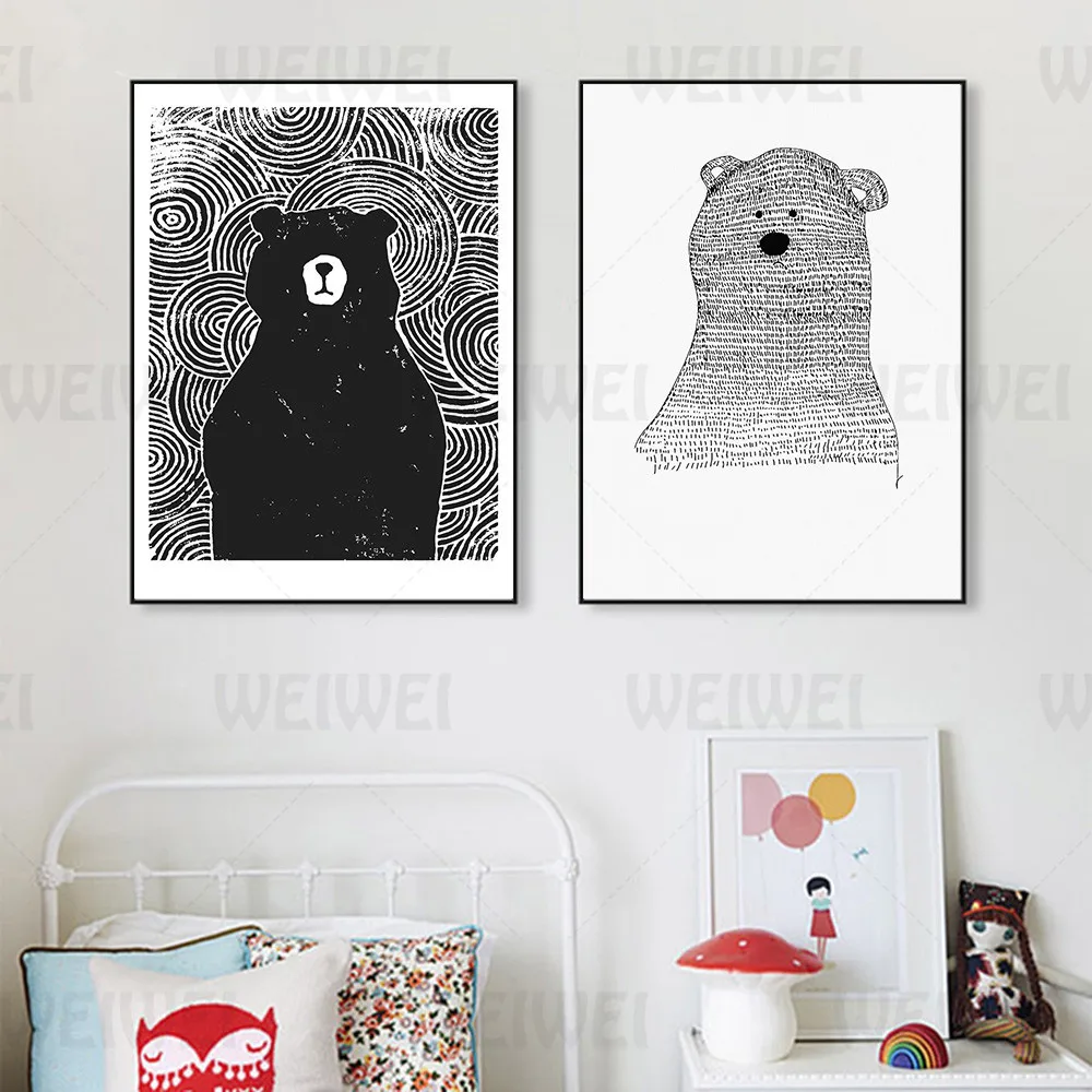 

Black and White Cartoon Canvas Poster Bear Simple Children's Room Bedroom Home Decoration Painting Living Room Children's Room