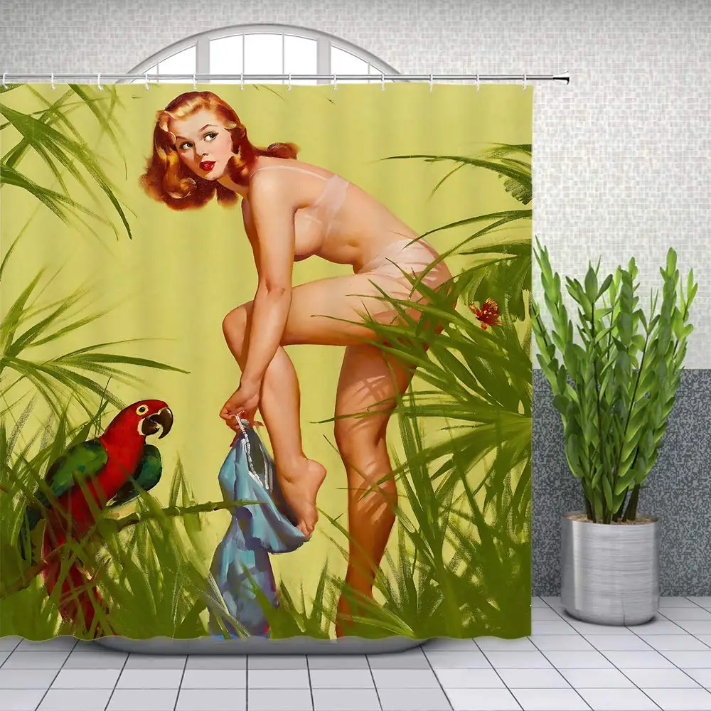 Занавеска для душа девушек пикантная ретро-занавеска в траве красивые зеленые
