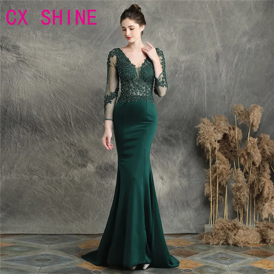 

Long Evening dress full sleeve Lace beading mermaid trumpet flower Perspective prom party Formal dresses Vestidos robe de soiree