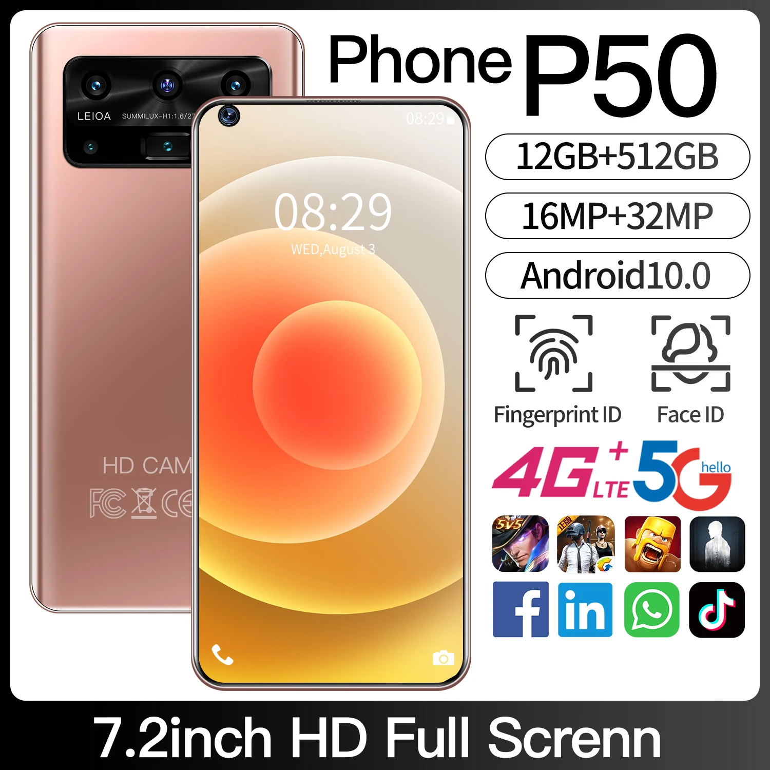 Смартфон Hono 50 7 2 дюйма 12 + 512 ГБ 10 ядер 5800 мач 16 32 Мп|Защитные стёкла и плёнки для
