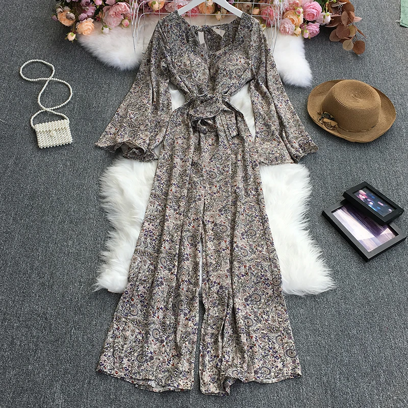 

2021 autumn new print Jumpsuit women's collar long sleeve waist down slim mid length bandage casual wide leg pants