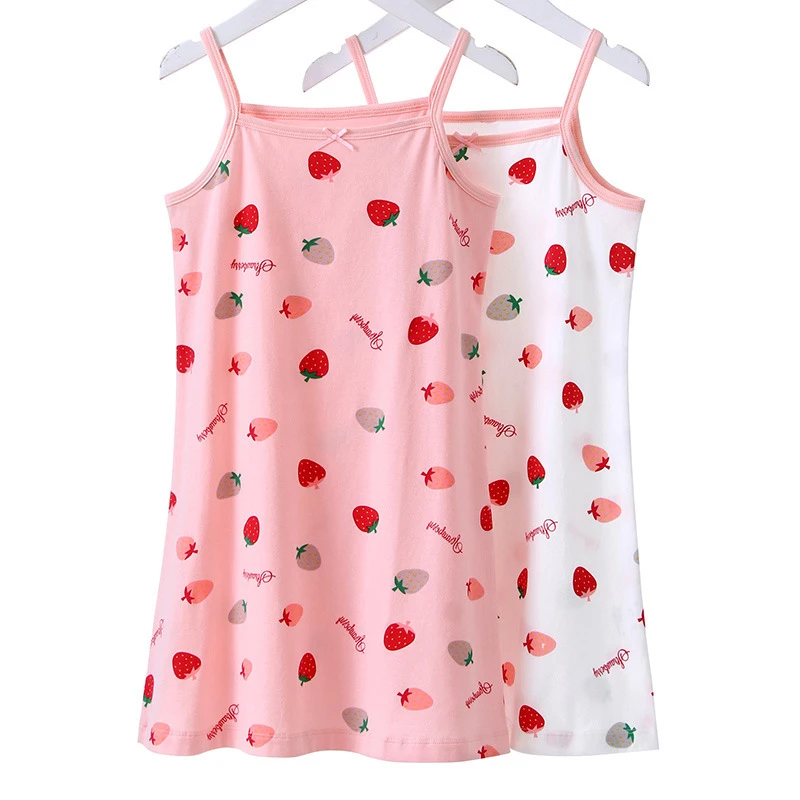 

2021 Summer Kids Girls Nightdress Cute Pink Strawberry Printed Girls' Sleepwear Cotton Soft Breathable Child Nightgown