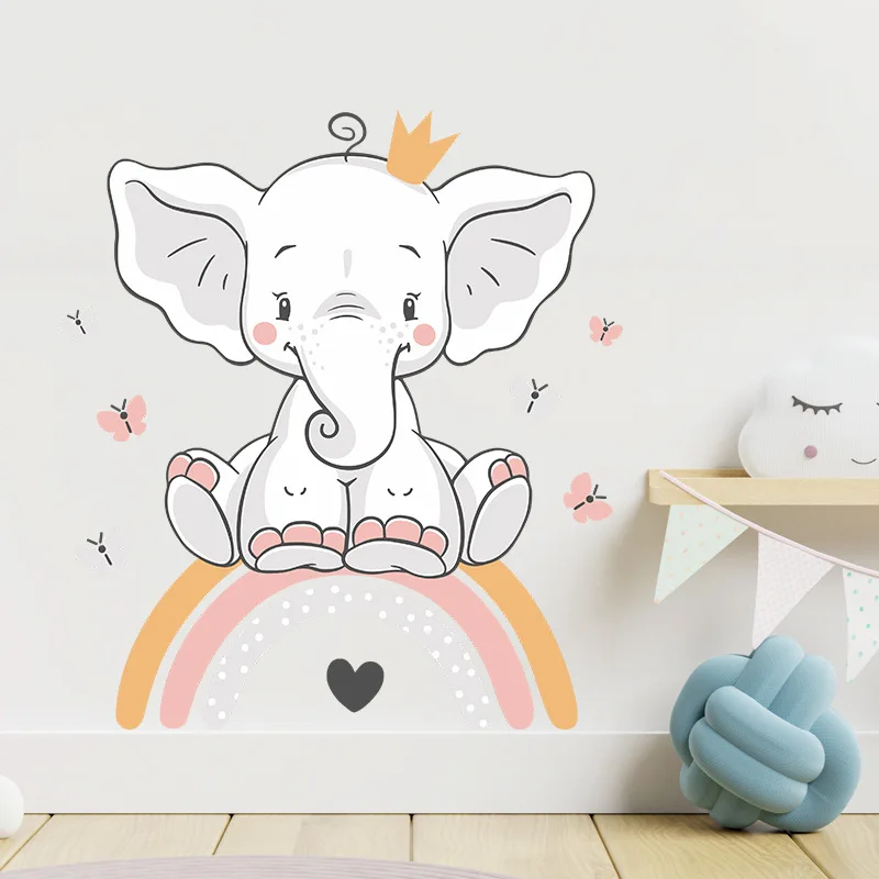 

Cartoon Love Heart Rainbow Crown Baby Elephant Wall Stickers Butterfly Wall Decals Baby Nursery Decorative Stickers for Girl DIY