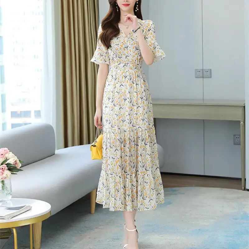 

2021Short Sleeve Dress Women Summer Bohemian Chiffon Dresses Elegant Blue Floral Plus Size Outfits For Puff Fashion Vestido