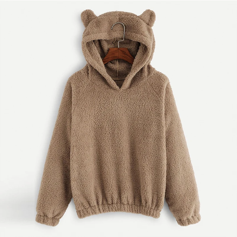 

Autumn Winter women Sweatshirt Lovely Bear Ears Solid Color Fleece Hoodies Casual Kawaii Plush Warm Women Free shipping