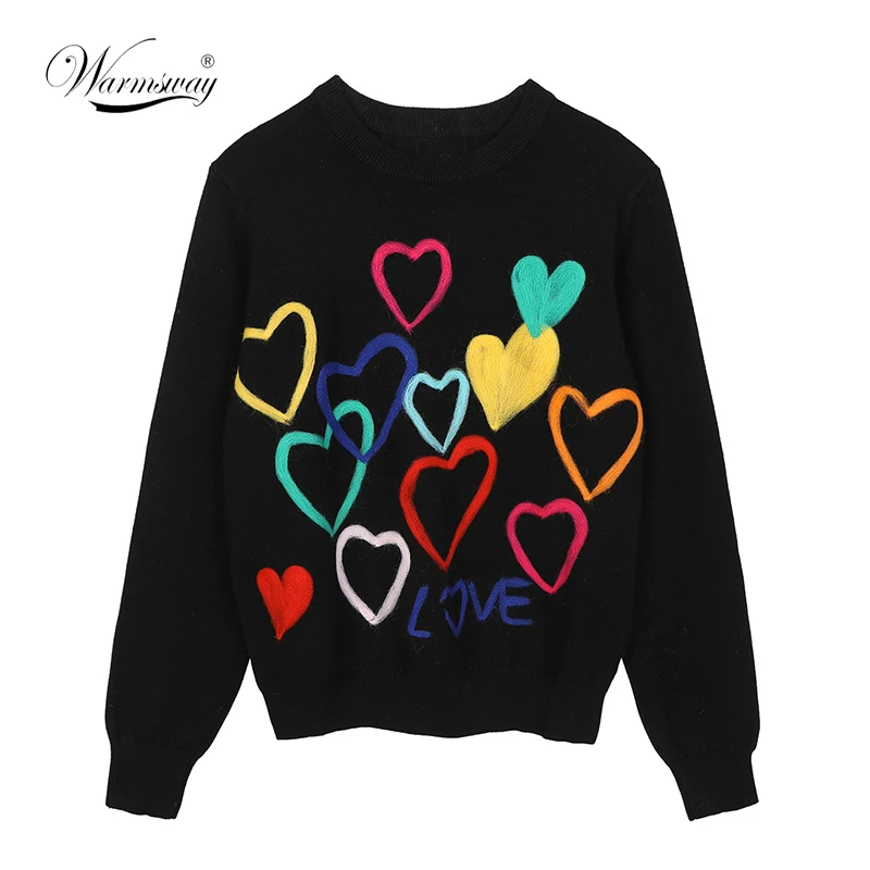 

2021 Spring Women Lovely Sweater O-Neck Colorful Candy Color Heart Embroidery Knitwear Slim All-Match Pullover Femme C-195