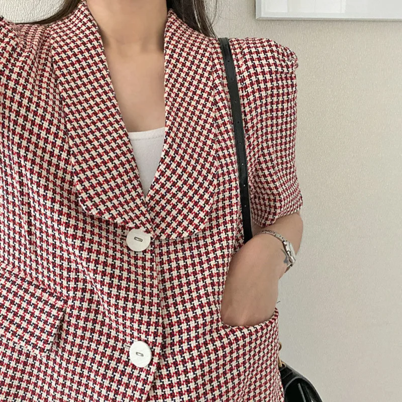

2021 New Summer Vintage Plaid Single Breasted Women Blazers Turn-Down Collar Coat Short Sleeve Jacket Female Jaqueta Feminina
