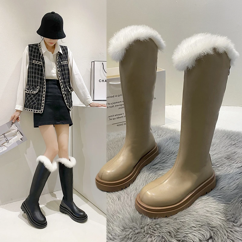 

2021 NEW Knee-high Boots Women's Thick Heel Slim Winter Plus Velvet Stretch Boots High Heel Large Size Suede Boots