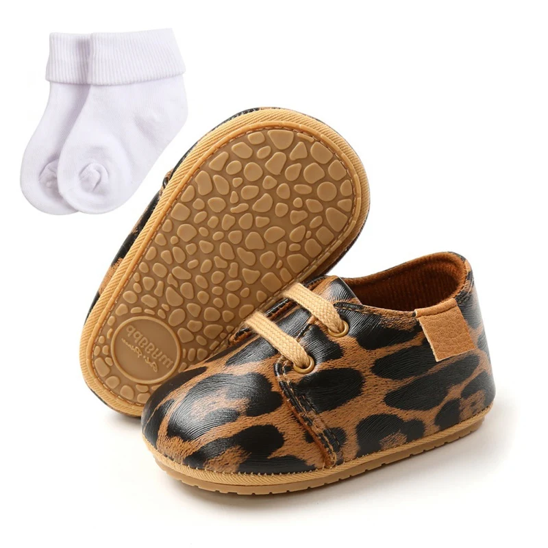 

Soft-soled Toddler Shoes + Socks Two Piece Baby Boy Leopard Lace-Up Shoes