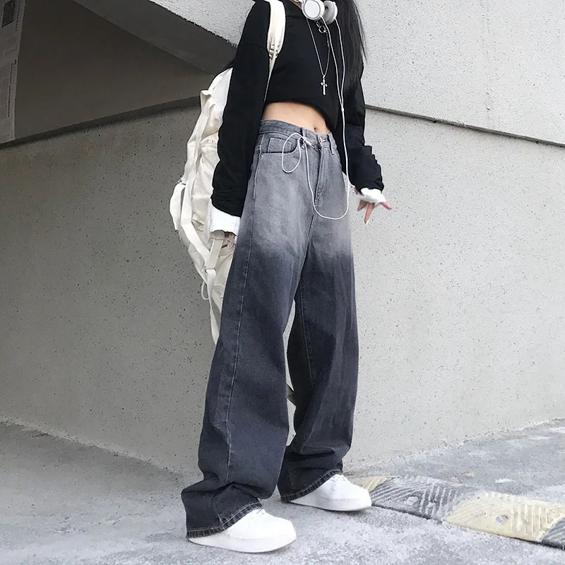 

2022 New Straight Wide Leg Jeans Women's Spring Korean Gradient Color Retro Pants Loose High Waist Cowboy Pants KZ1003