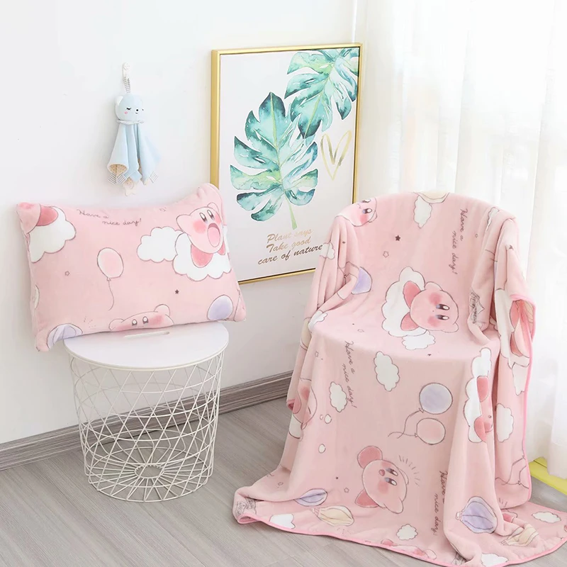 

Kawaii Kirby pink anime peripheral flannel blanket plush pillowcase household items home decoration birthday holiday surprise gi