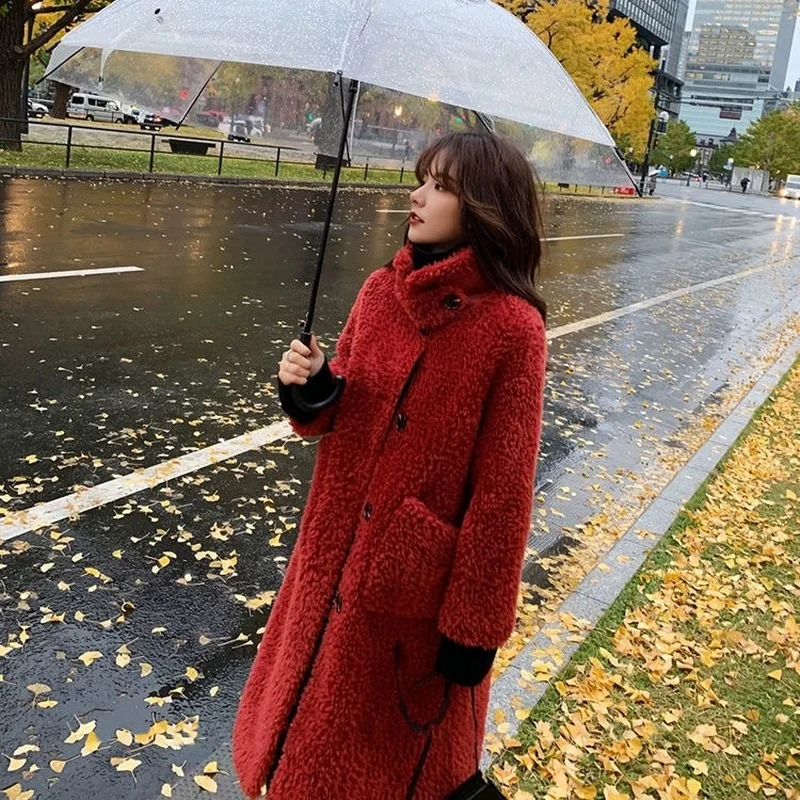 Women 2022 Winter New Fashion Mid-long Sheep Shearing Coats Female Real Lamb Fur Outwear Ladies Solid Color Slim Jackets X66