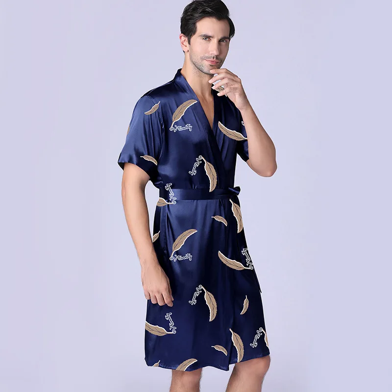 Летняя мужская ночная рубашка из ледяного шелка тонкий шелковый халат с