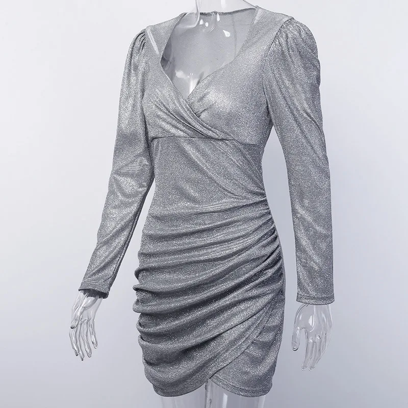 Женское шелковое платье с V-образным вырезом длинным рукавом и открытой спиной |