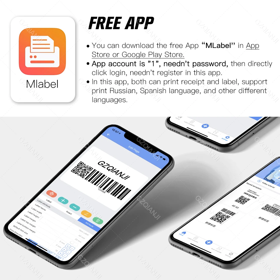 Термопринтер для печати этикеток 80 мм Bluetooth Android iOS ПК с перезаряжаемой батареей
