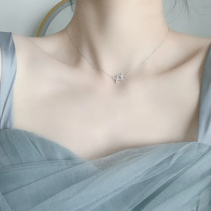 Ожерелье из серебра 925 пробы с блестящей звездой и пятиконечной кулоном фианита