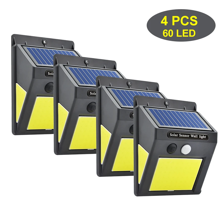 4pcs 60 LED Lamps 48/60 COB светодиодный светильник на солнечной батарее 3 режима движения PIR сенсор настенный светильник IP65 Водонепроницаемый Широкий угол открытый сад уличный светильник безопасности - Испускаемый цвет: 4pcs 60 LED Lamps