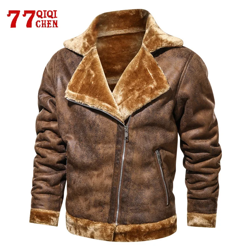 Men's Coats Suede Leather Jacket Chamois Parkas Male Fur Collar Wnter Fleece Warm Bomber Coat Casual Outwear Chaqueta Hombre