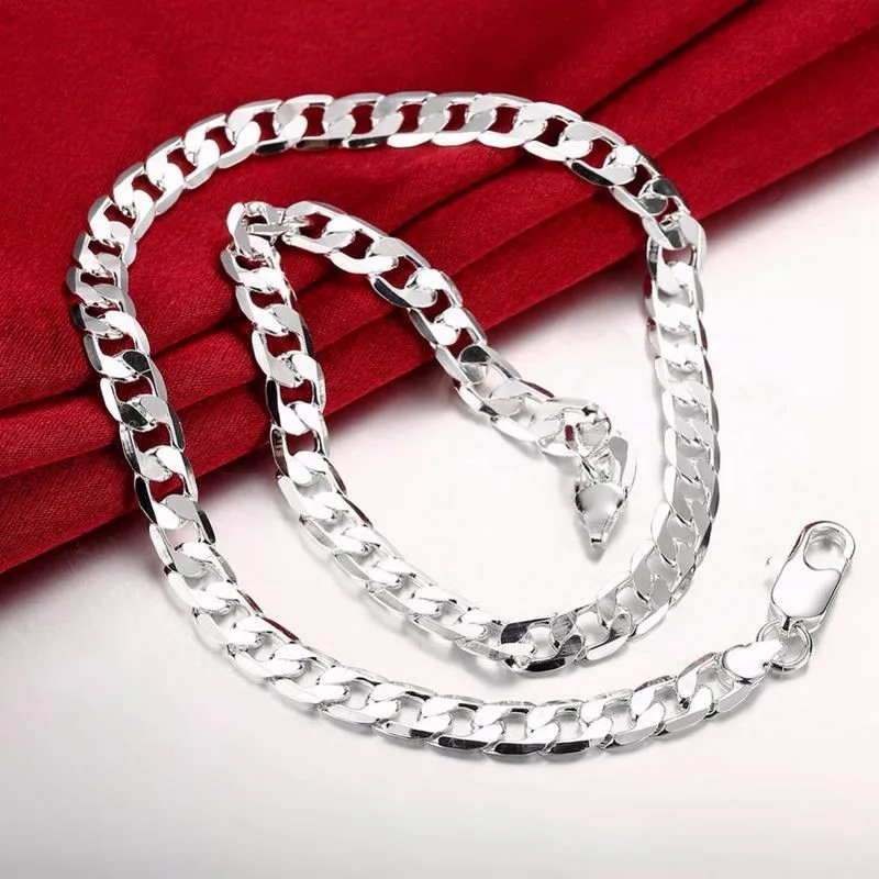 

8MM 16-24Inch 925 Sterling Silver Classic Unisex Flat Sideways Figaro Curb Party Chain Necklace Wedding Party Fine Jewelry