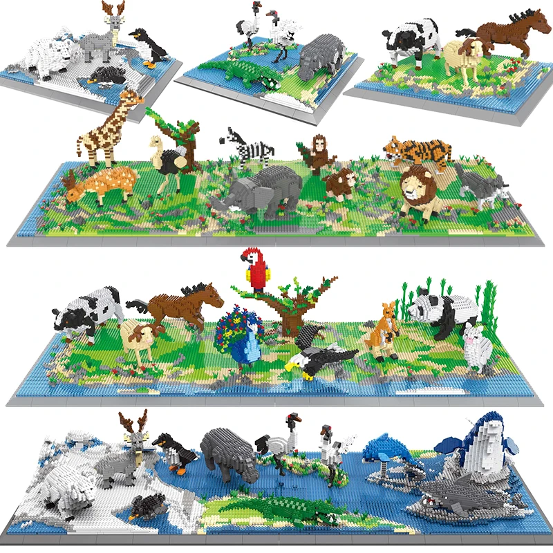 

Micro Mini Blocks Forest Sea Animals Round World Sets Model Building Kit Kids Toys Diamond Whale Shark Crocodile Panda Horse Cow