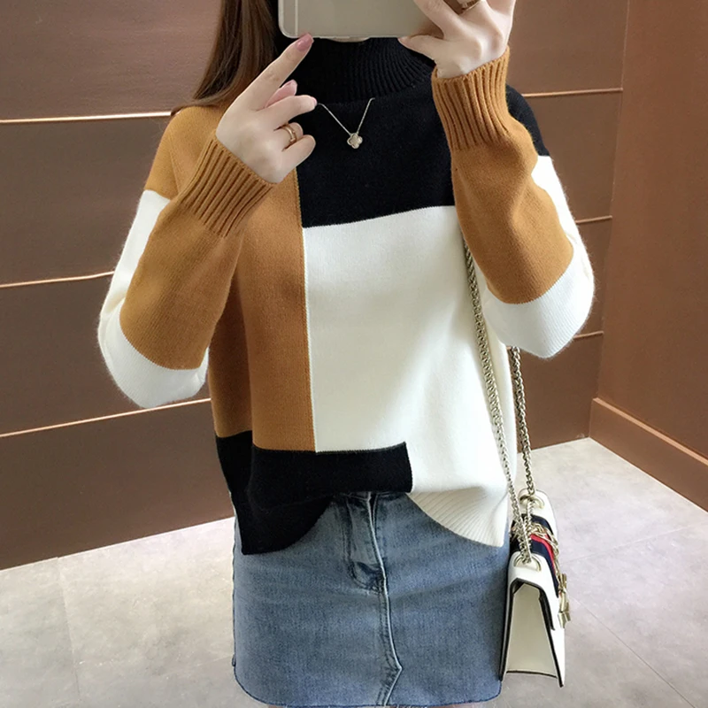 Oversized Knitted Sweater Women Red Patchwork Turtleneck Winter Jumper Korean Pullover Casual Clothes Warm Loose V644 | Женская одежда