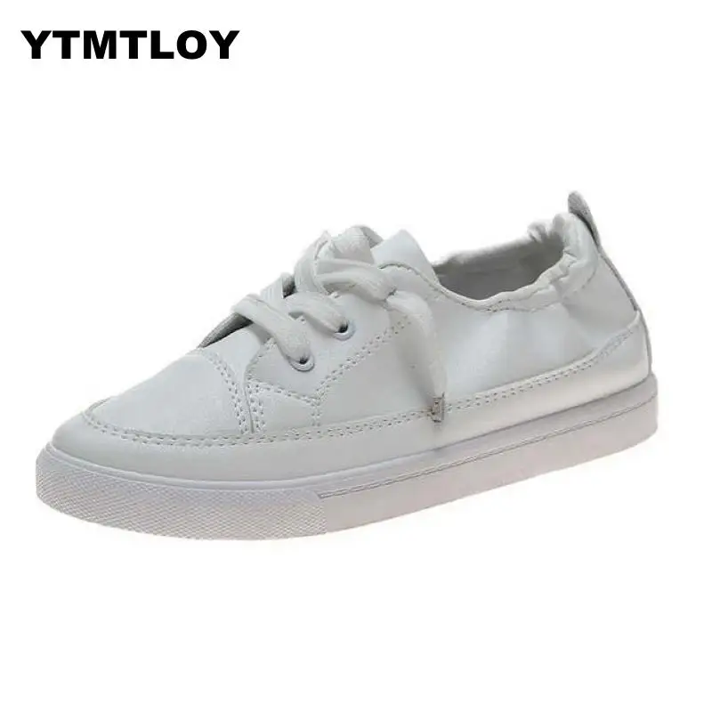 

2019 Spring Surface White Casual Breathable Flats Fashion Lace-Up Sneakers Women Vulcanized Shoes Leather Platform Shoes