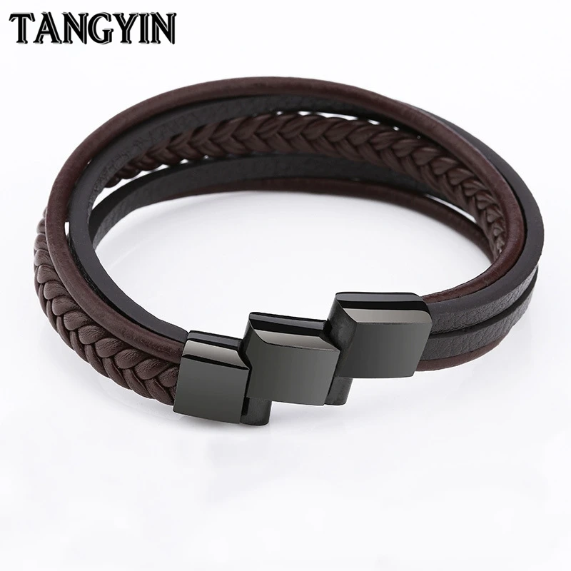 Танинь Новая мода многослойные плетеный кожаный браслет для мужчин нержавеющая