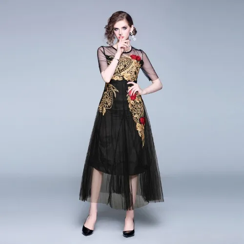 

High Quality Summer Woman Dresses Runway Red Flower Golden Paisley Pattern Embroidery Dress A-line Vintage Long Maxi Mesh Dress