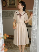2021 summer wind of new literature institute students show thin waist long dress a line preppy style button belt short sleeve