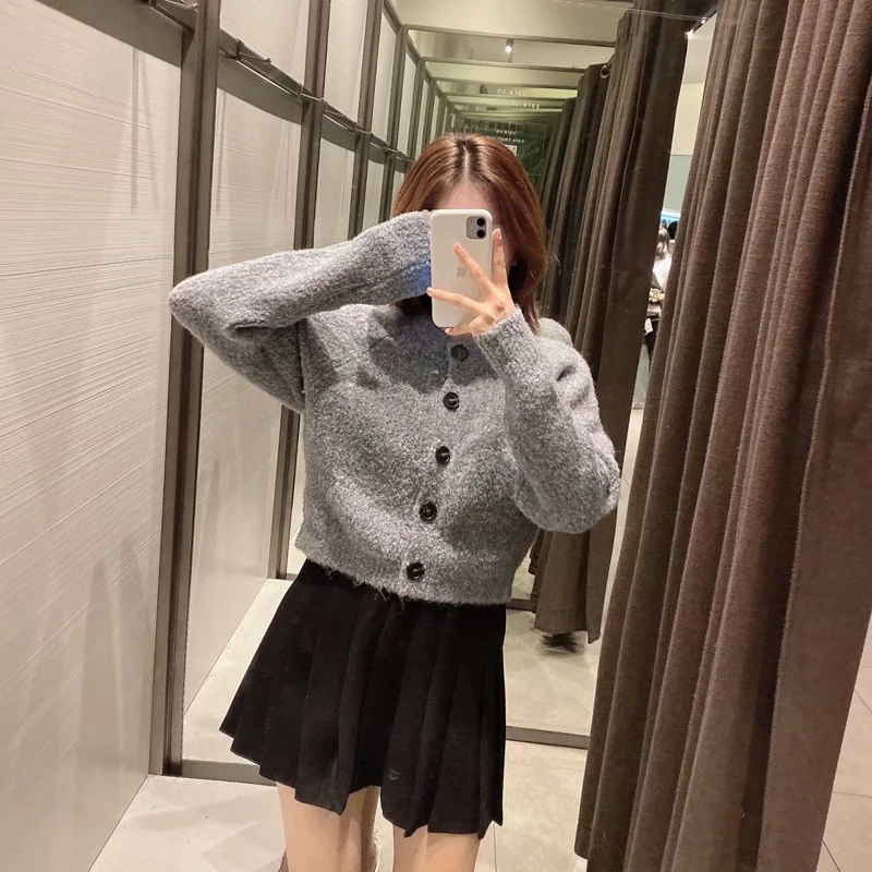 

Za Women Short Cardigan Knitted Sweater 2020 Autumn Winter Long Sleeve Vintage Sweater Female Fashion Crop Cardigan Female