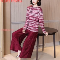 casual fashion stripe printing fashionable fold two piece set new female plus size miyake pleats trousers suit tshirt set