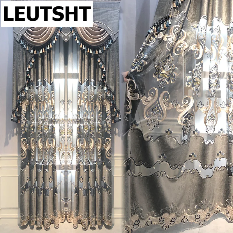 

European Luxury Flannel Hollow Embroidered Curtains for Living Room Bedroom Floor-to-ceiling Windows High-end Customization