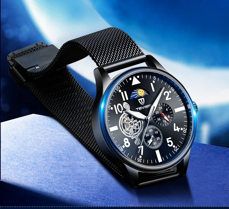 Tevise Новая мода для мужчин автоматические механические часы сталь Tourbillon Скелет наручные часы хронограф наручные часы Relogio Masculino